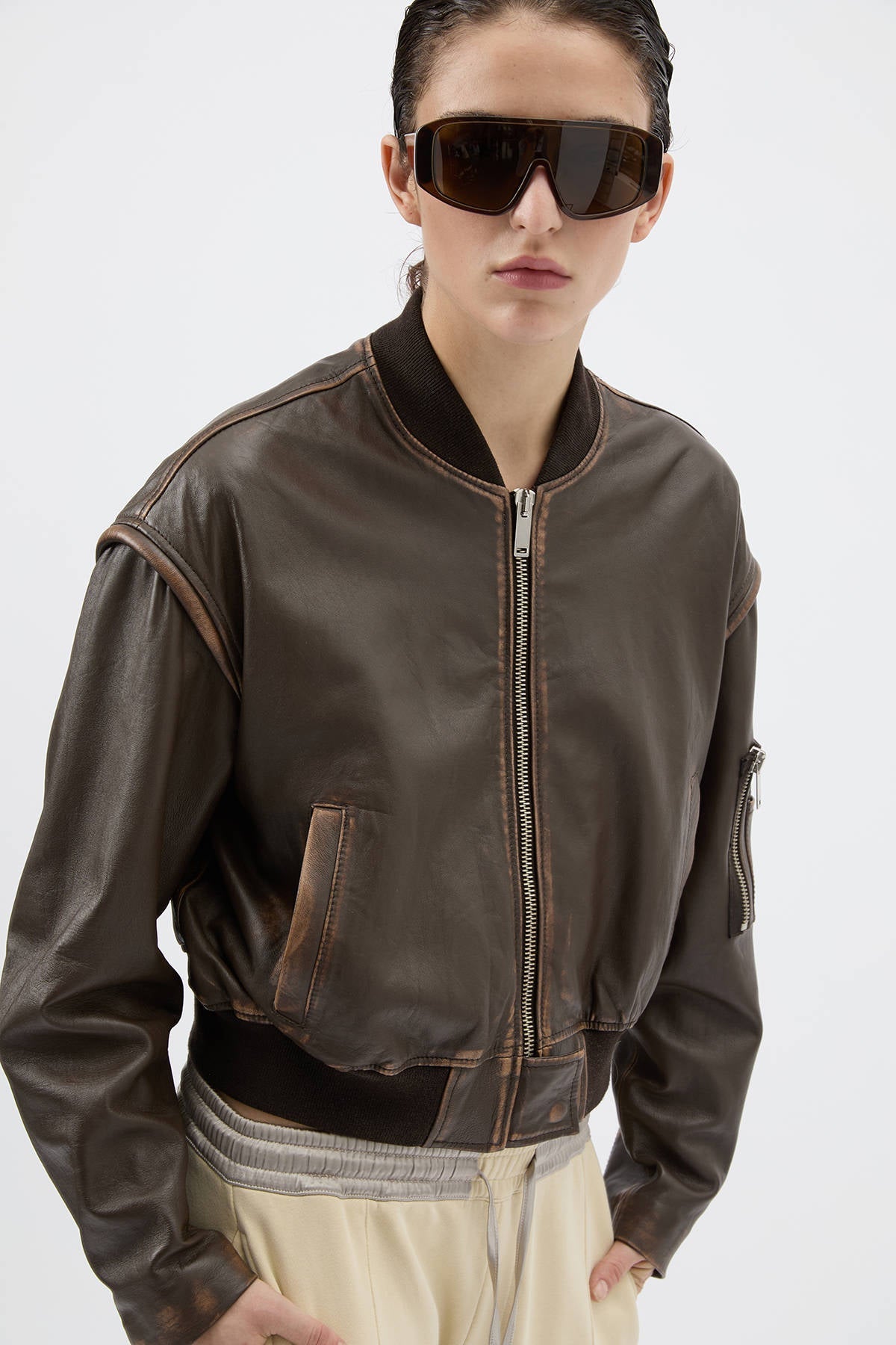 HALFBOY レザー クロップド ボンバージャケット ダメージ加工 HALFBOY - BOMBER CROP