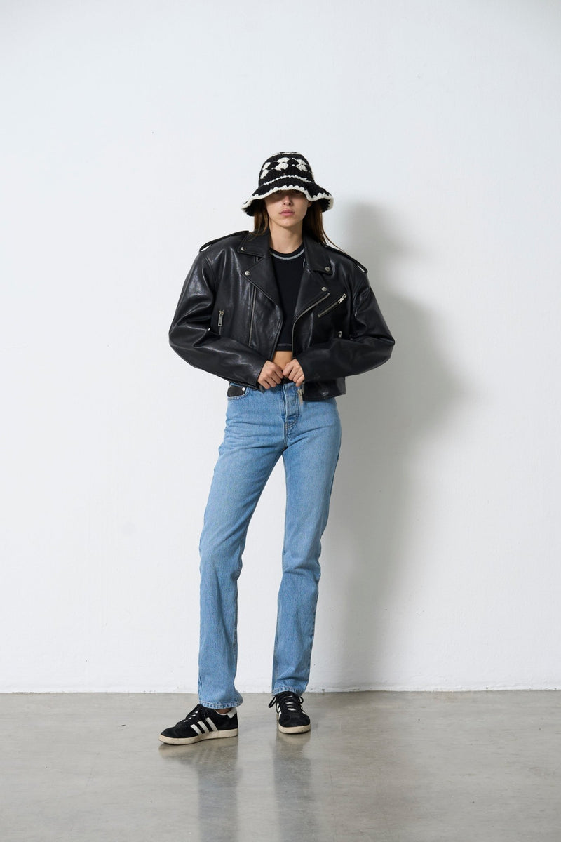 HALFBOY Oversized cropped leather biker jacket